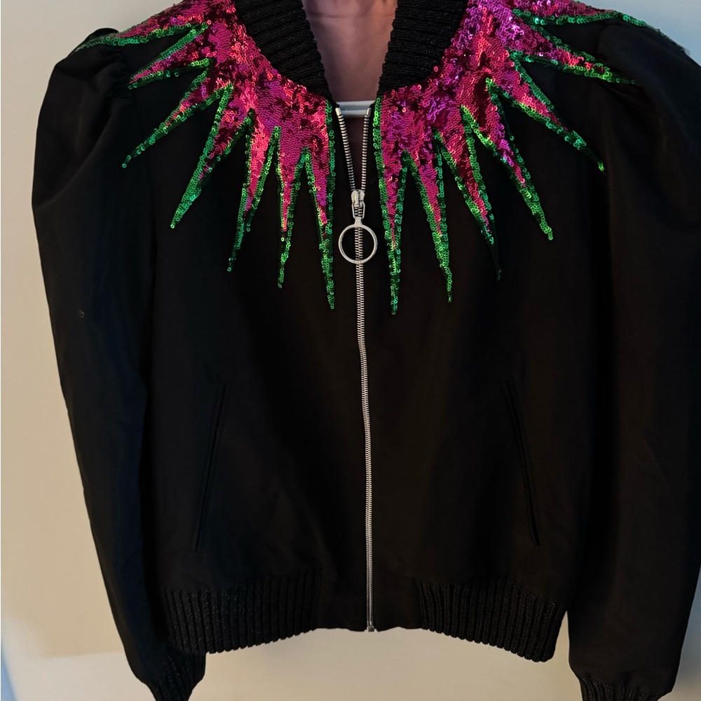 Gucci Black Bomber Jacket with Pink and Green Sequins